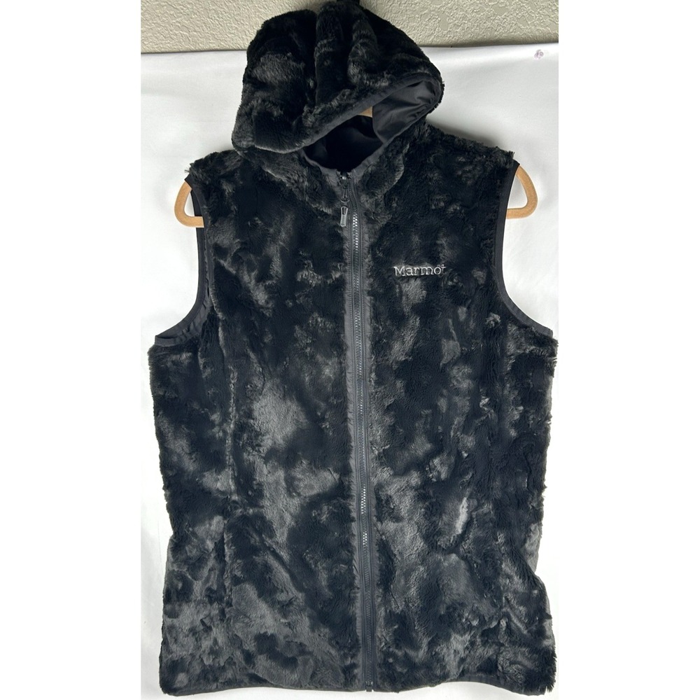 Marmot Black Faux Fur Hooded Reversible Vest Womens L Zip Front Zipper Pockets